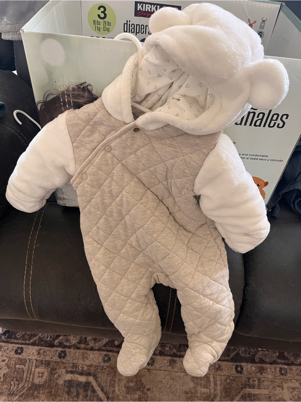 Quilted Bear Hooded Baby One-Piece in Cream and White